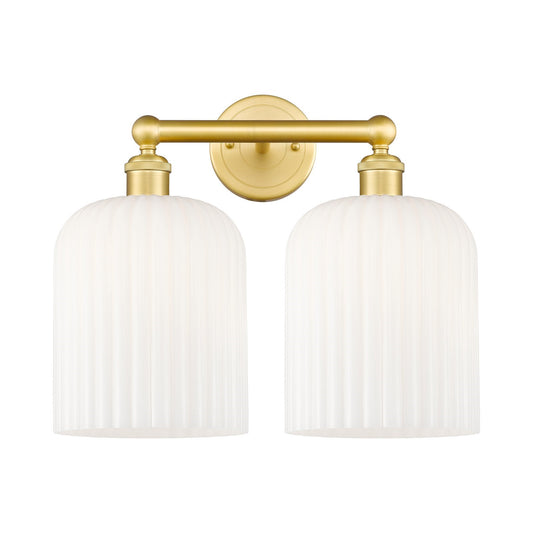 Innovations Bridal Veil 14in 2-Light Bath Vanity | Art Nouveau Satin Gold Steel and Gloss White Ribbed Glass | Bathroom Vanity | Model 616-2W-SG-G559-8GWH