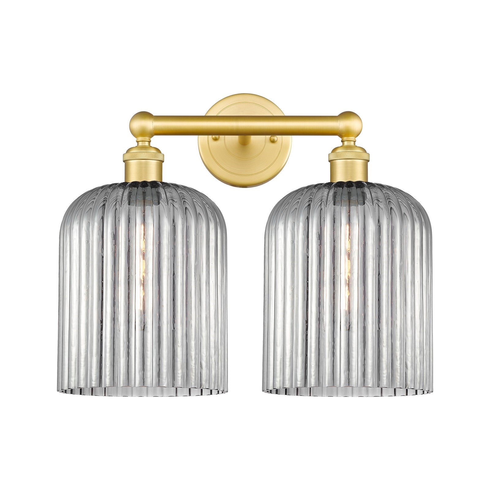 Innovations Bridal Veil 14in 2-Light Bath Vanity | Art Nouveau Satin Gold Steel and Light Smoke Ribbed Glass | Damp-Rated | Model 616-2W-SG-G559-8SM