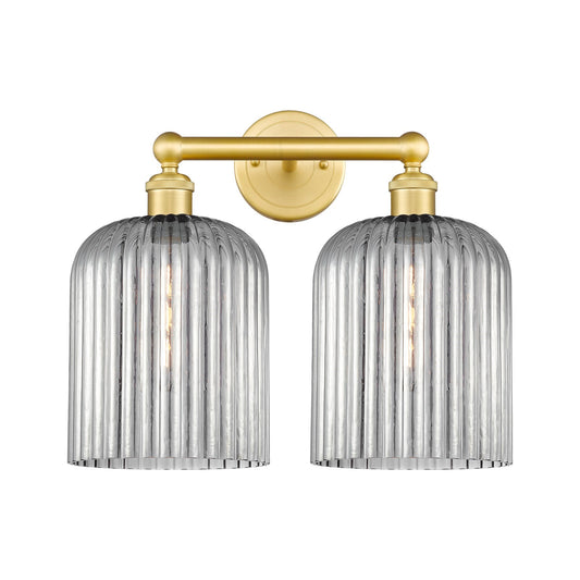 Innovations Bridal Veil 14in 2-Light Bath Vanity | Art Nouveau Satin Gold Steel and Light Smoke Ribbed Glass | Damp-Rated | Model 616-2W-SG-G559-8SM