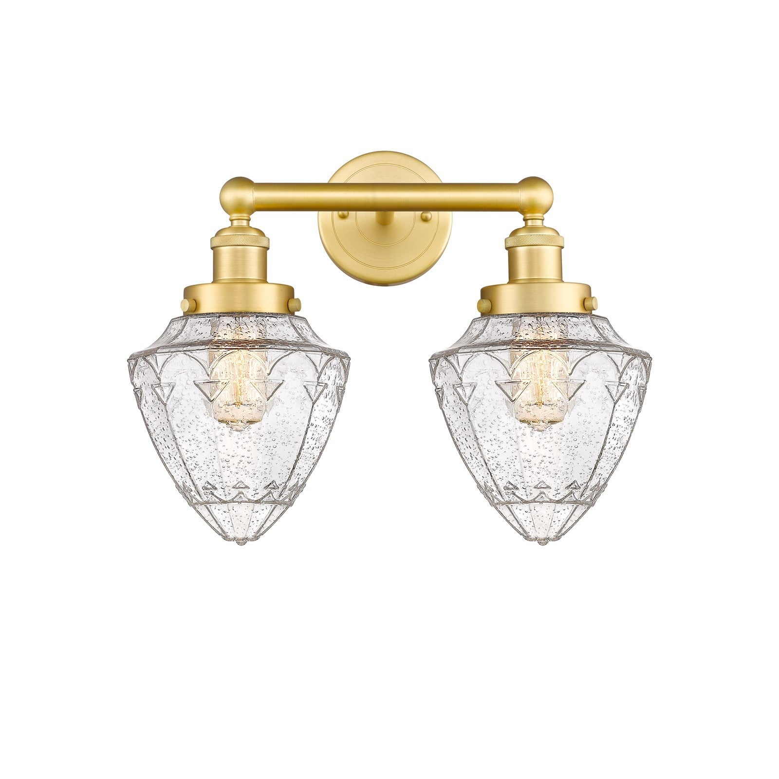 Innovations Bullet 16in 2-Light Bath Vanity Light | Industrial Satin Gold Steel and Cast Brass with Seedy Glass Shades | Bathroom | Model 616-2W-SG-G664-7
