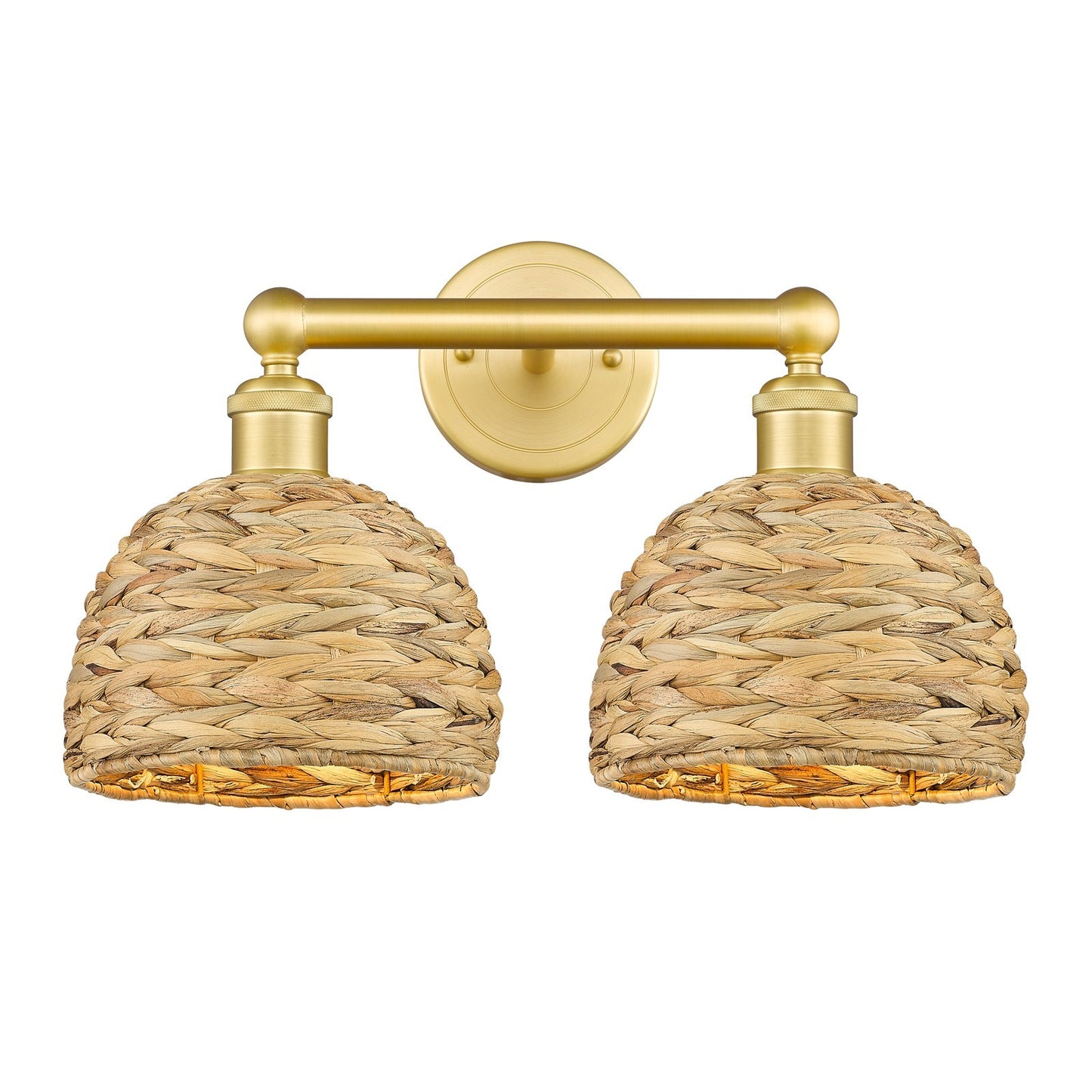 Innovations Woven Rattan 17in 2-Light Bath Vanity | Industrial Satin Gold Steel and Natural Fiber Shade | Bathroom Vanity | Model 616-2W-SG-RBD-8-NAT