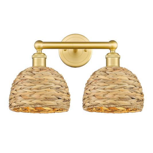 Innovations Woven Rattan 17in 2-Light Bath Vanity | Industrial Satin Gold Steel and Natural Fiber Shade | Bathroom Vanity | Model 616-2W-SG-RBD-8-NAT