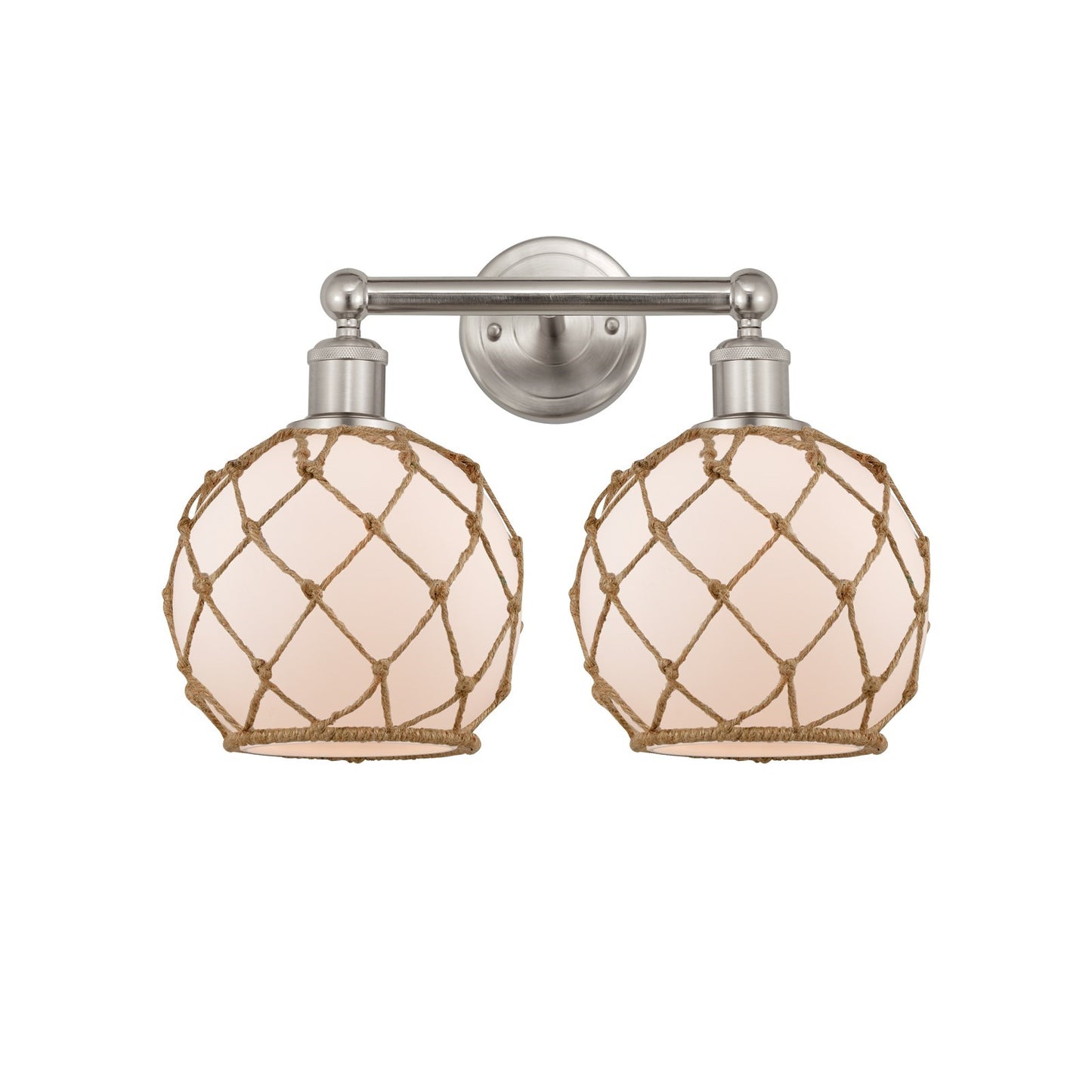 Innovations Farmhouse Rope 17in 2-Light Bath Vanity Light | Industrial Brushed Satin Nickel and White Frosted Glass with Brown | Model 616-2W-SN-G121-8RB