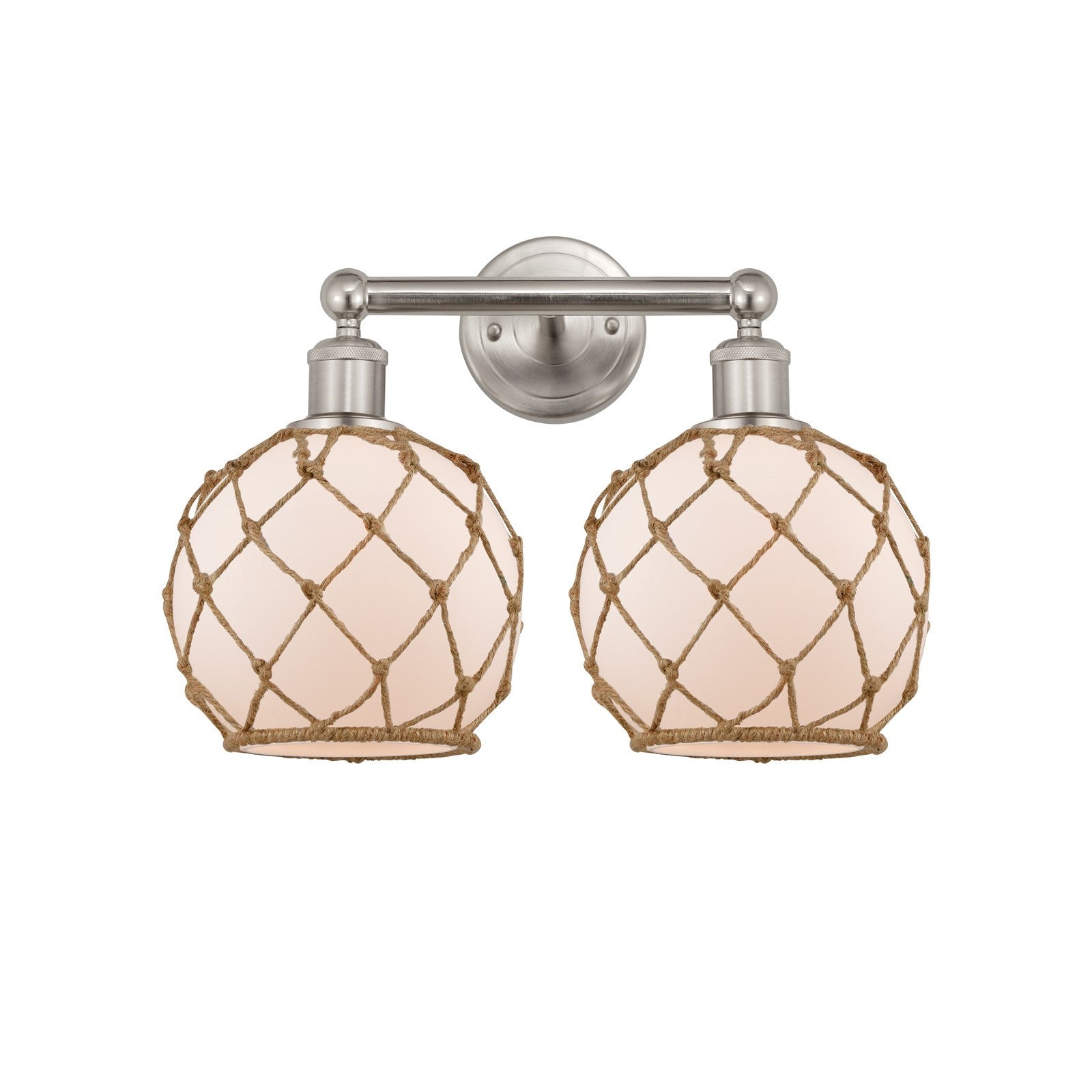 Innovations Farmhouse Rope 17in 2-Light Bath Vanity Light | Industrial Brushed Satin Nickel and White Frosted Glass with Brown | Model 616-2W-SN-G121-8RB