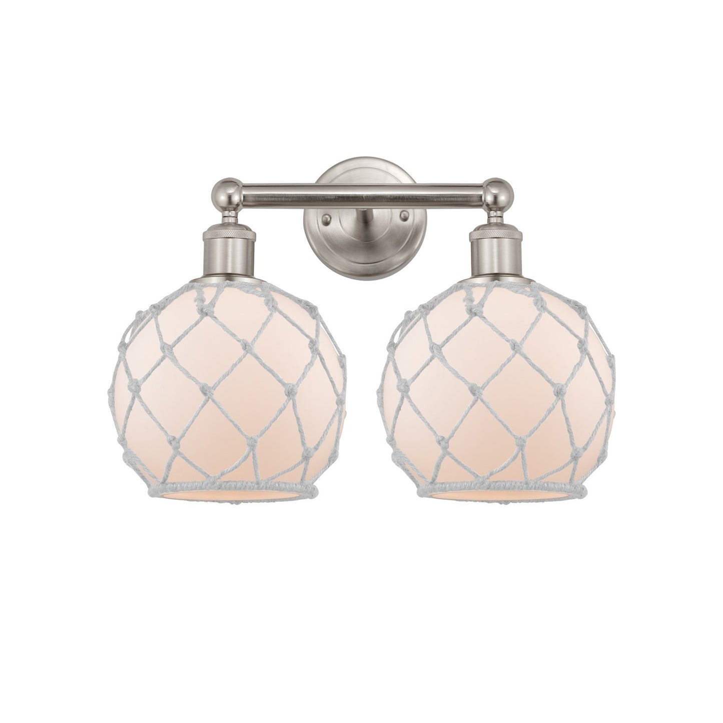 Innovations Farmhouse Rope 17in 2-Light Bath Vanity Light | Industrial Brushed Satin Nickel and White Frosted Glass with Rope | Model 616-2W-SN-G121-8RW