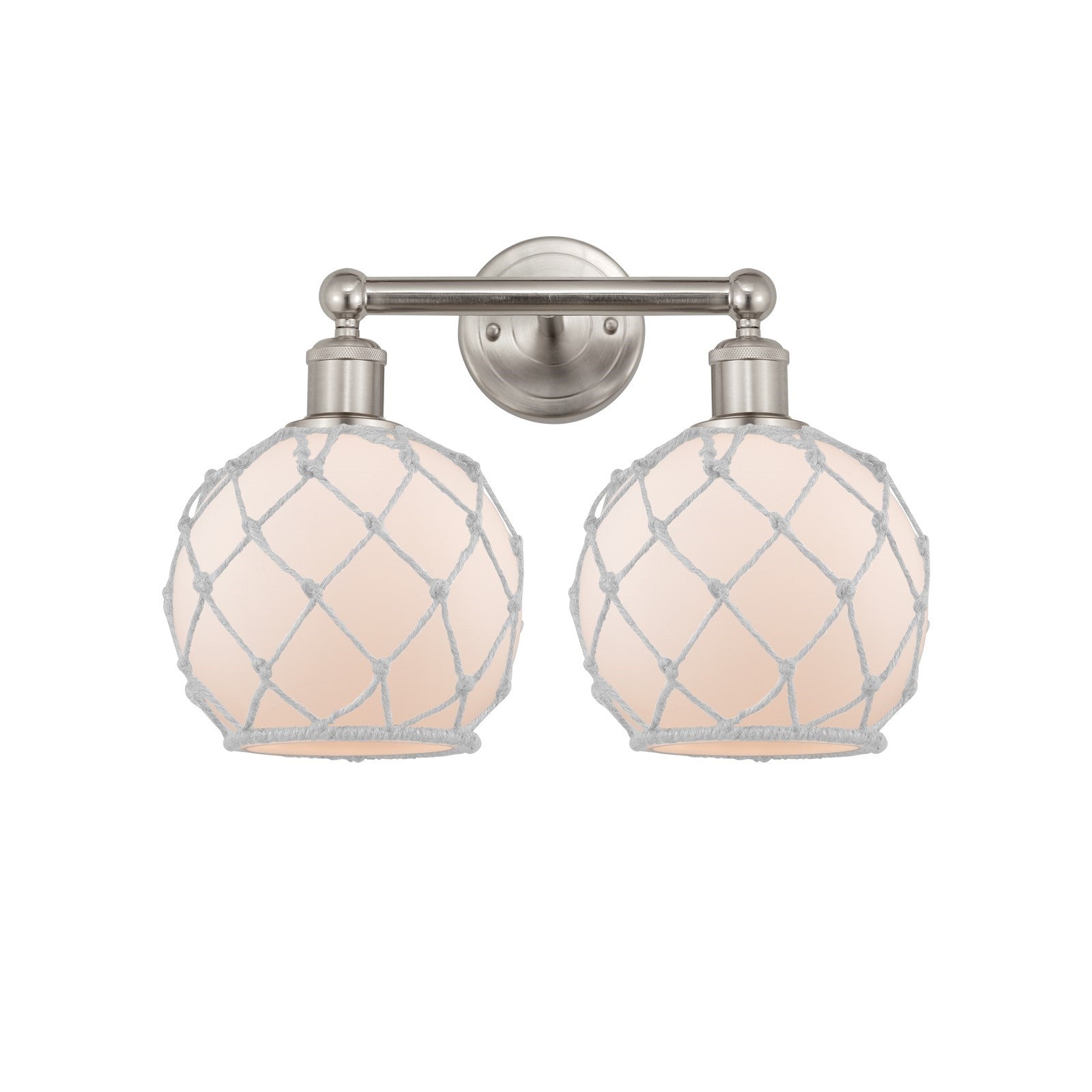 Innovations Farmhouse Rope 17in 2-Light Bath Vanity Light | Industrial Brushed Satin Nickel and White Frosted Glass with Rope | Model 616-2W-SN-G121-8RW