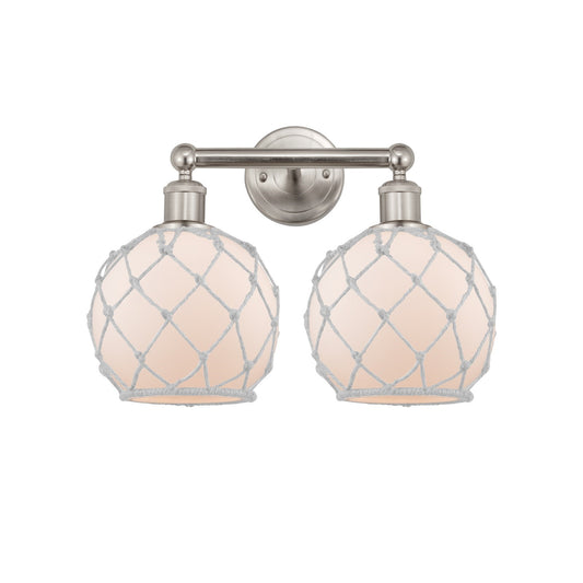 Innovations Farmhouse Rope 17in 2-Light Bath Vanity Light | Industrial Brushed Satin Nickel and White Frosted Glass with Rope | Model 616-2W-SN-G121-8RW