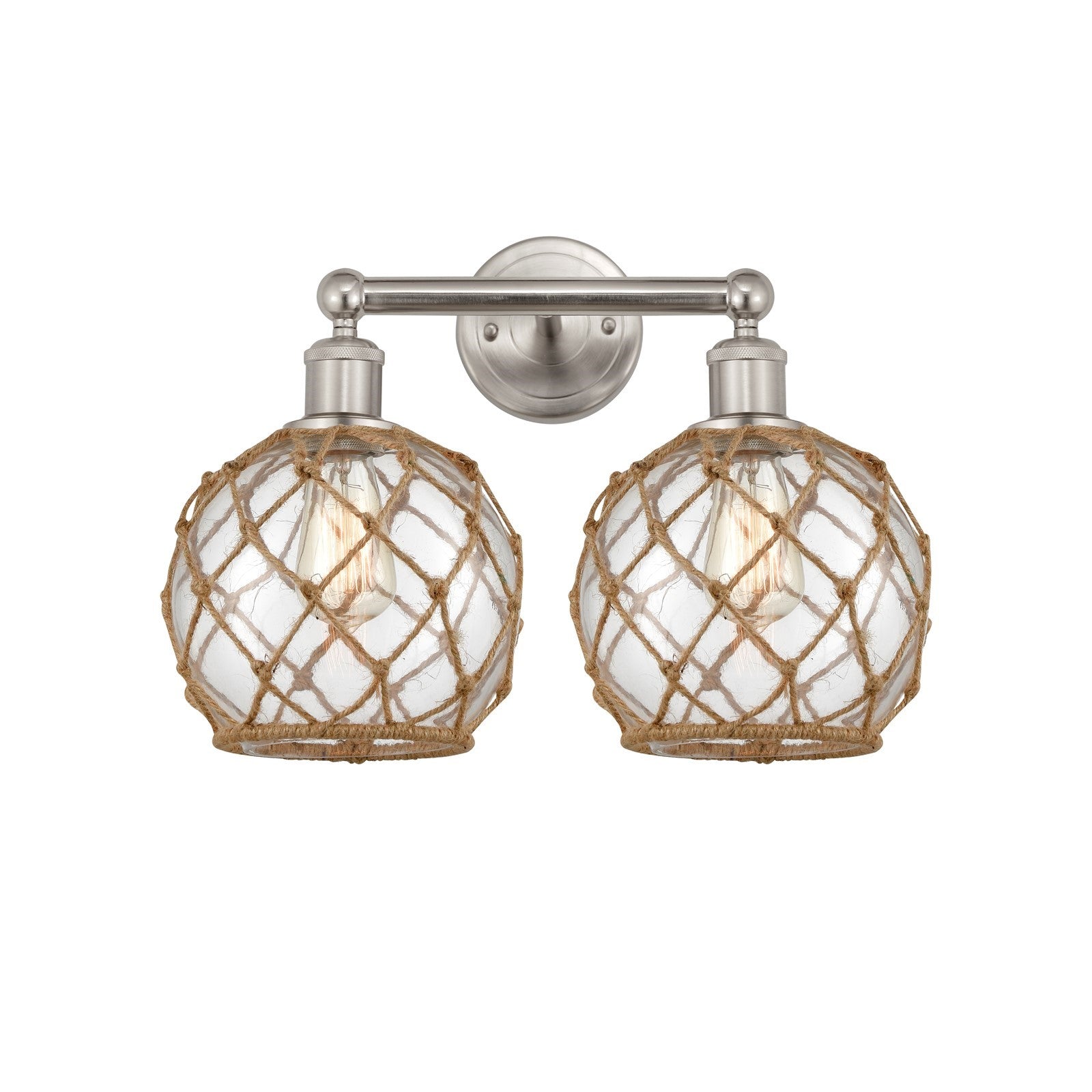 Innovations Farmhouse Rope 17in 2-Light Bath Vanity Light | Industrial Brushed Satin Nickel and Clear Glass with Brown Rope | Model 616-2W-SN-G122-8RB
