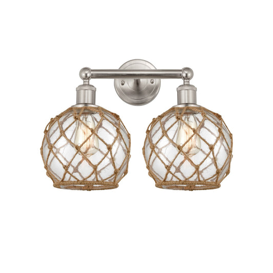 Innovations Farmhouse Rope 17in 2-Light Bath Vanity Light | Industrial Brushed Satin Nickel and Clear Glass with Brown Rope | Model 616-2W-SN-G122-8RB