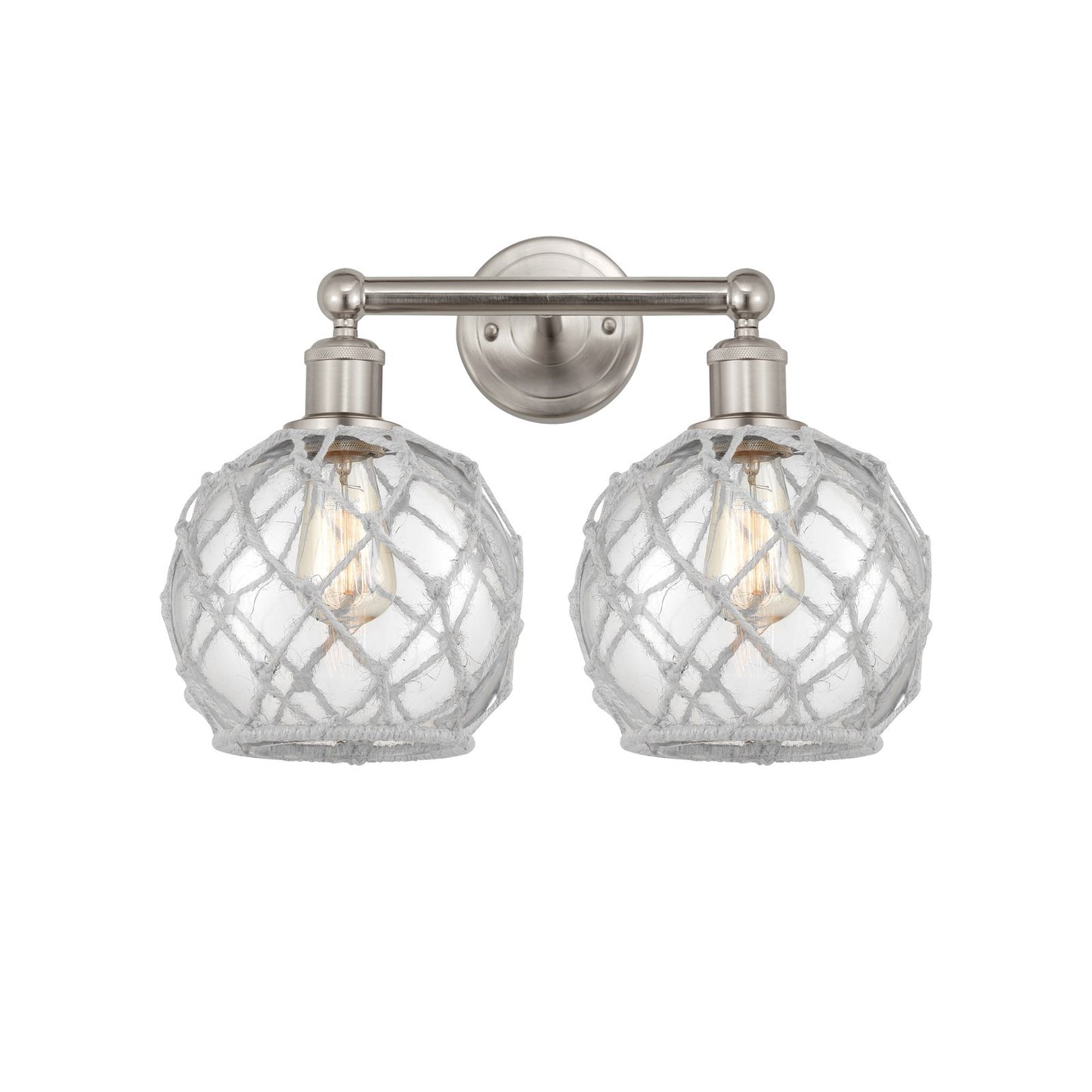 Innovations Farmhouse Rope 17in 2-Light Bath Vanity Light | Industrial Brushed Satin Nickel and Clear Glass with White Rope | Model 616-2W-SN-G122-8RW