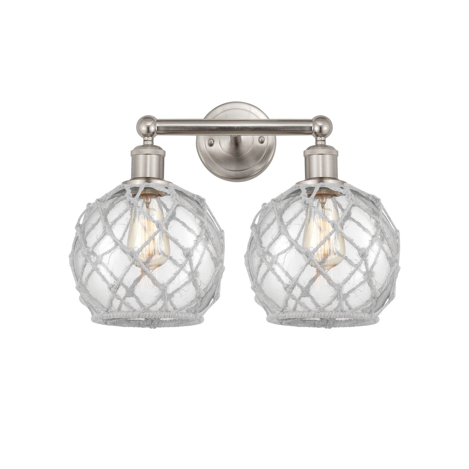 Innovations Farmhouse Rope 17in 2-Light Bath Vanity Light | Industrial Brushed Satin Nickel and Clear Glass with White Rope | Model 616-2W-SN-G122-8RW
