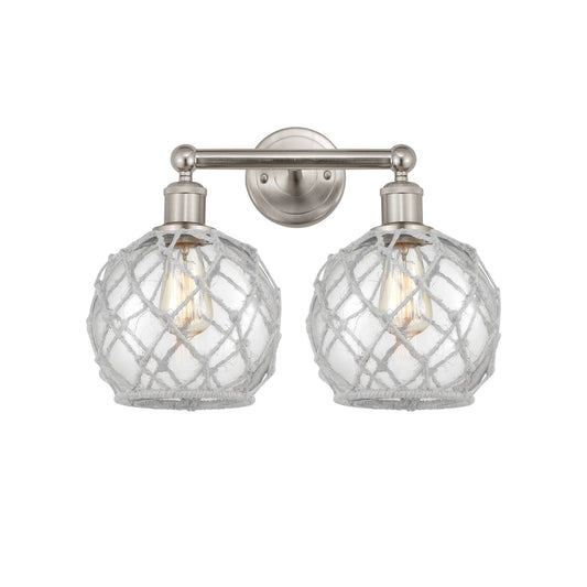 Innovations Farmhouse Rope 17in 2-Light Bath Vanity Light | Industrial Brushed Satin Nickel and Clear Glass with White Rope | Model 616-2W-SN-G122-8RW