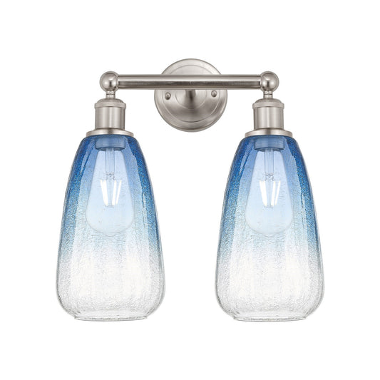 Innovations Brookhaven Almond 15in 2-Light Bath Vanity Light | Industrial Brushed Satin Nickel and Sapphire Blue Glass | Model 616-2W-SN-G480-6SB