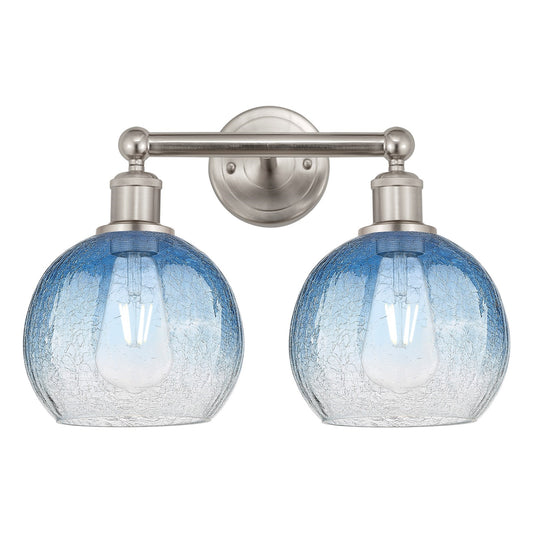 Innovations Brookhaven Globe 17in 2-Light Bath Vanity Light | Industrial Brushed Satin Nickel and Sapphire Blue Glass | Model 616-2W-SN-G483-8SB