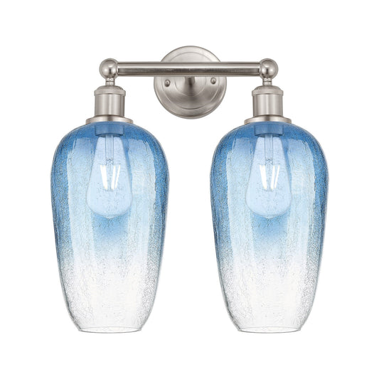 Innovations Brookhaven Flute 16in 2-Light Bath Vanity Light | Industrial Brushed Satin Nickel and Sapphire Blue Glass | Model 616-2W-SN-G484-7SB