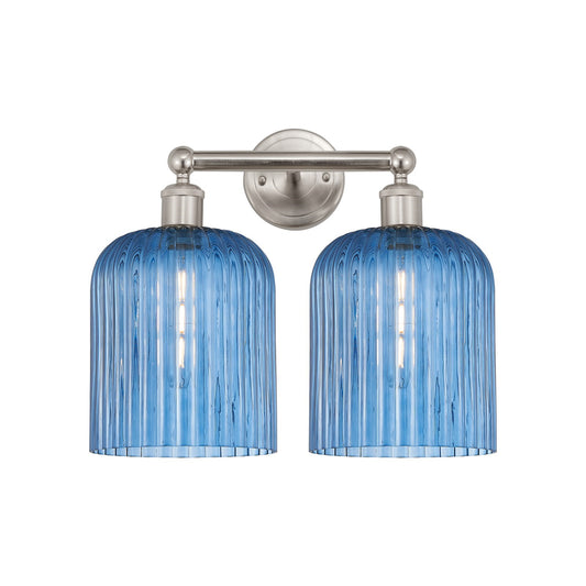 Innovations Bridal Veil 14in 2-Light Bath Vanity Light | Art Nouveau Brushed Satin Nickel and Princess Blue Ribbed Glass | Model 616-2W-SN-G559-8BL