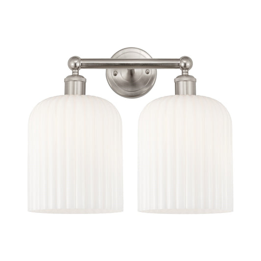 Innovations Bridal Veil 14in 2-Light Bath Vanity Light | Art Nouveau Brushed Satin Nickel and Gloss White Ribbed Glass | Model 616-2W-SN-G559-8GWH