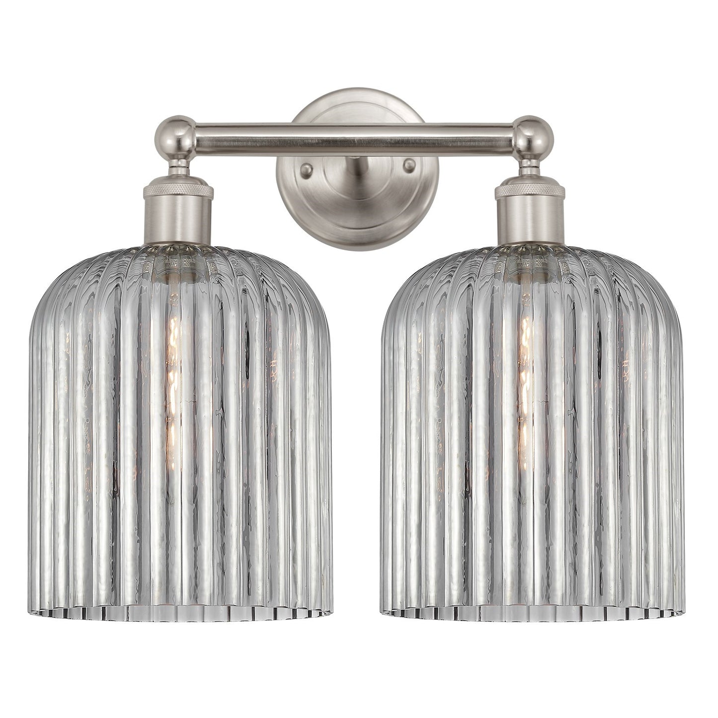 Innovations Bridal Veil 14in 2-Light Bath Vanity Light | Art Nouveau Industrial Brushed Satin Nickel and Light Smoke Ribbed | Model 616-2W-SN-G559-8SM