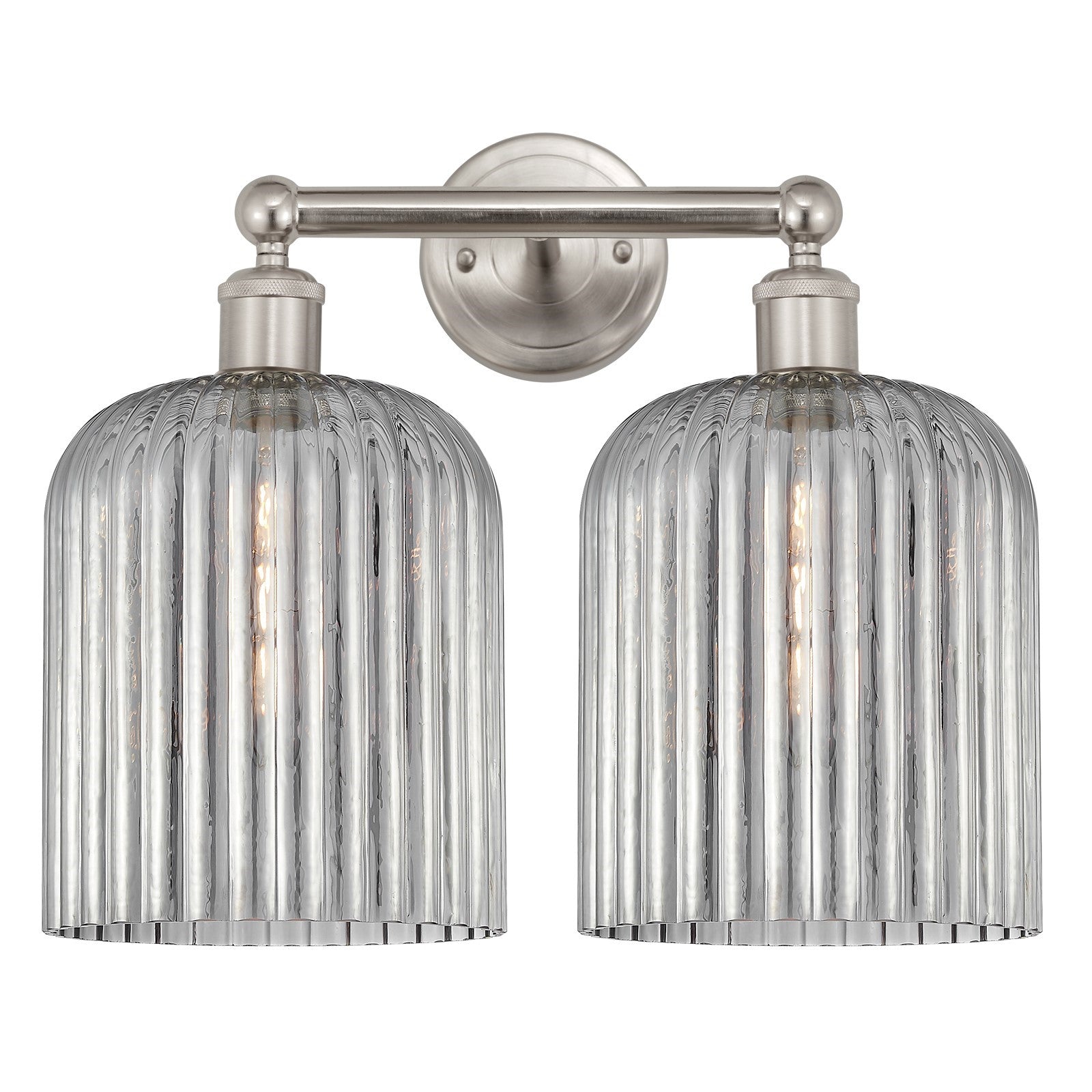 Innovations Bridal Veil 14in 2-Light Bath Vanity Light | Art Nouveau Industrial Brushed Satin Nickel and Light Smoke Ribbed | Model 616-2W-SN-G559-8SM