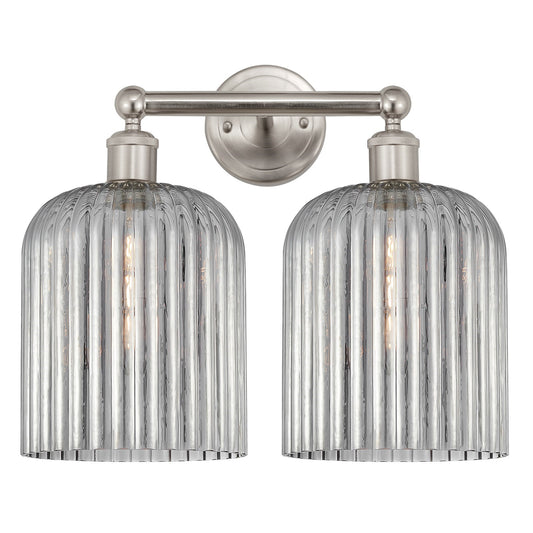 Innovations Bridal Veil 14in 2-Light Bath Vanity Light | Art Nouveau Industrial Brushed Satin Nickel and Light Smoke Ribbed | Model 616-2W-SN-G559-8SM