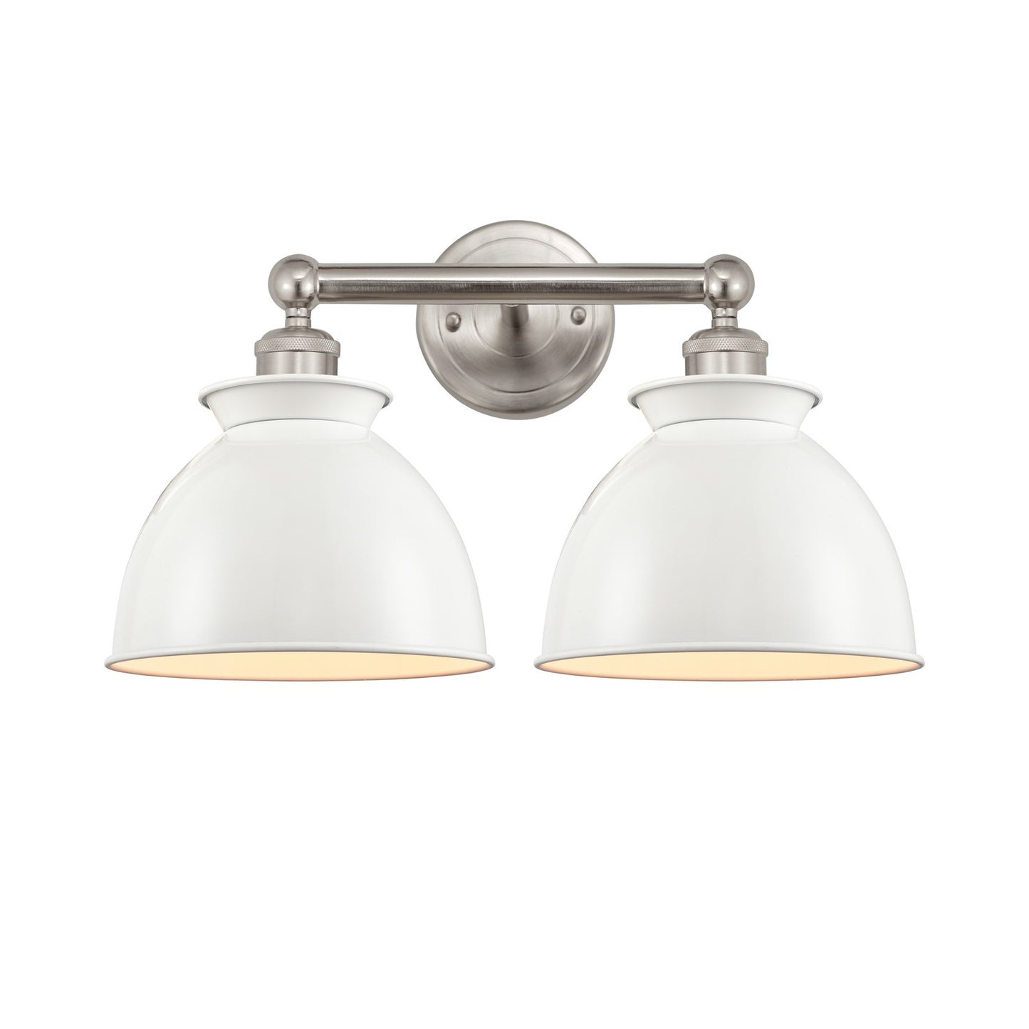 Innovations Adirondack 17in 2-Light Bath Vanity Light | Industrial Farmhouse Brushed Satin Nickel and Glossy White Metal Shade | Model 616-2W-SN-M14-W