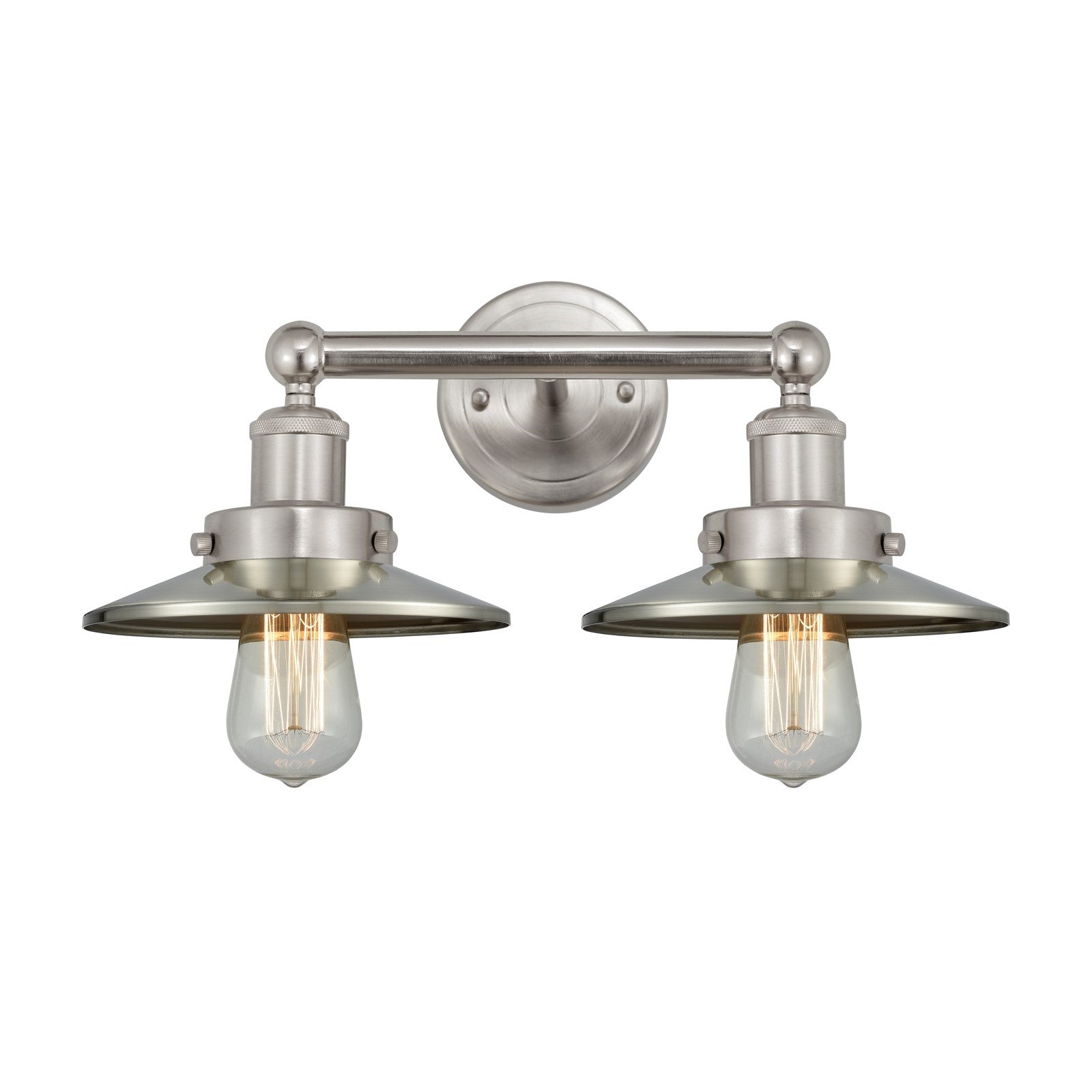 Innovations Railroad 17in 2-Light Bath Vanity | Traditional Industrial Brushed Satin Nickel Metal Shade | Bathroom Vanity Light | Model 616-2W-SN-M2-SN