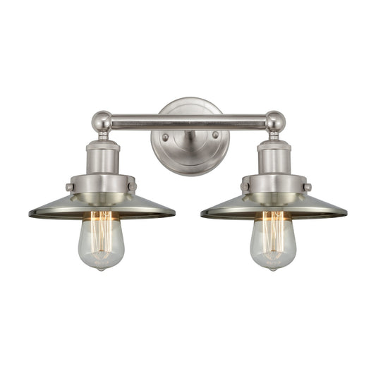 Innovations Railroad 17in 2-Light Bath Vanity | Traditional Industrial Brushed Satin Nickel Metal Shade | Bathroom Vanity Light | Model 616-2W-SN-M2-SN