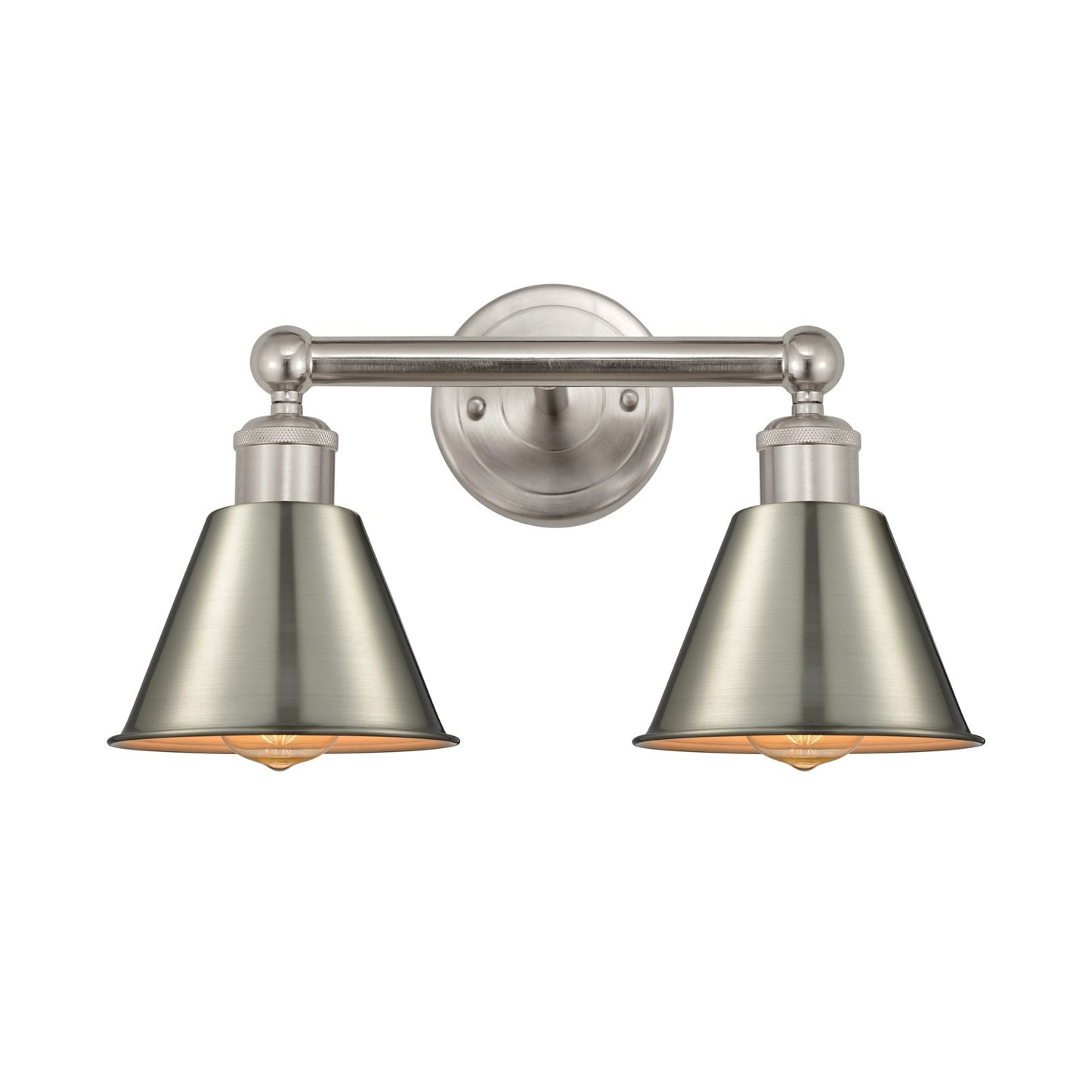 Innovations Smithfield 16in 2-Light Bath Vanity Light | Industrial Farmhouse Brushed Satin Nickel Metal Cone Shade | Bathroom | Model 616-2W-SN-M8-SN
