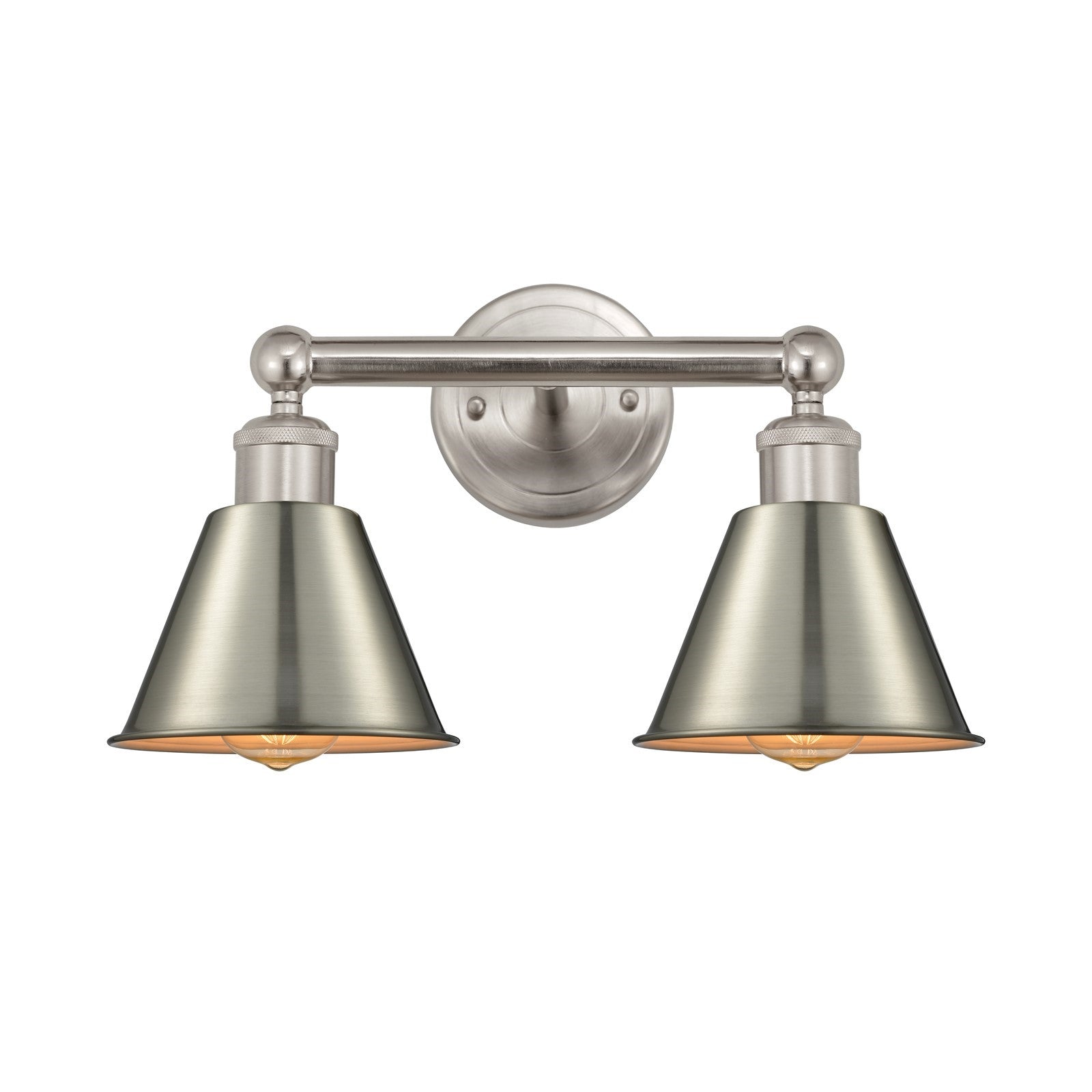 Innovations Smithfield 16in 2-Light Bath Vanity Light | Industrial Farmhouse Brushed Satin Nickel Metal Cone Shade | Bathroom | Model 616-2W-SN-M8-SN