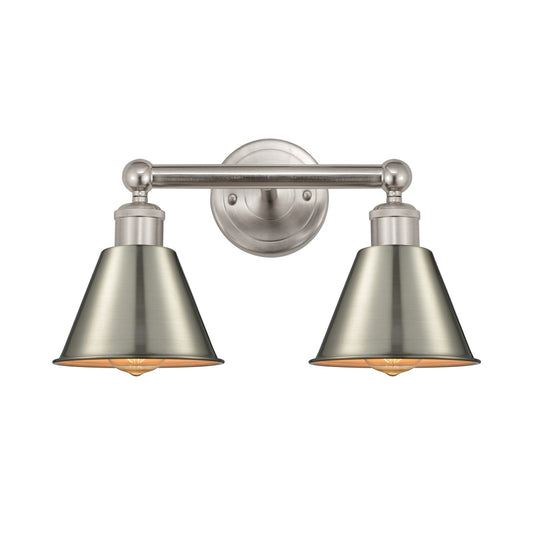 Innovations Smithfield 16in 2-Light Bath Vanity Light | Industrial Farmhouse Brushed Satin Nickel Metal Cone Shade | Bathroom | Model 616-2W-SN-M8-SN