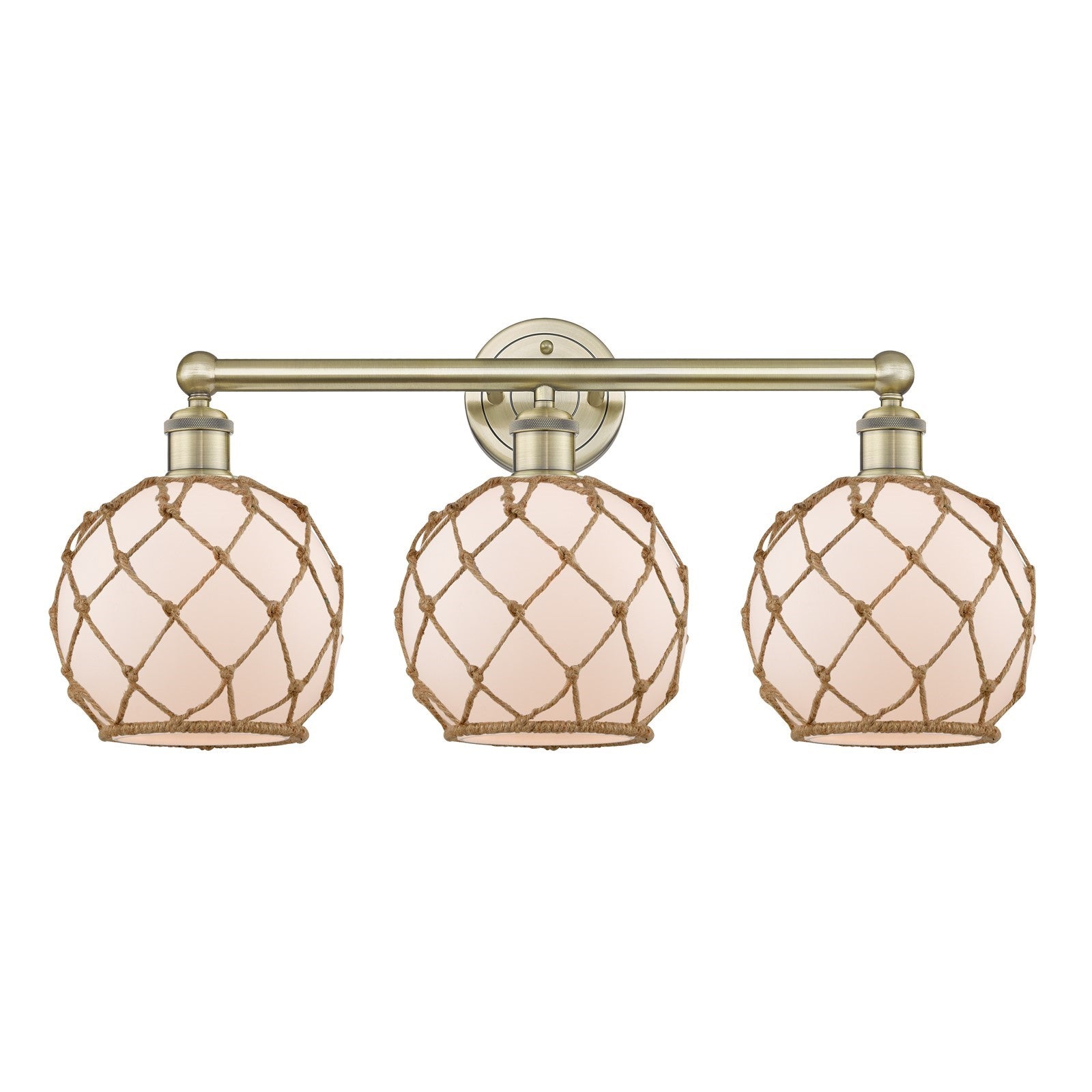 Innovations Farmhouse Rope 26in 3-Light Bath Vanity | Industrial Antique Brass Steel and White Frosted Glass with Brown Rope | Model 616-3W-AB-G121-8RB