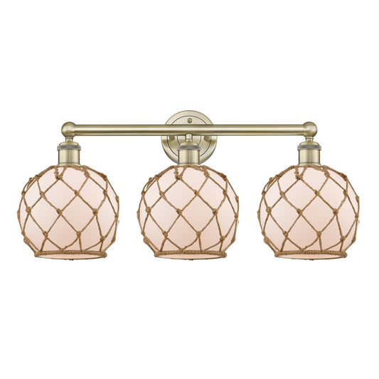Innovations Farmhouse Rope 26in 3-Light Bath Vanity | Industrial Antique Brass Steel and White Frosted Glass with Brown Rope | Model 616-3W-AB-G121-8RB