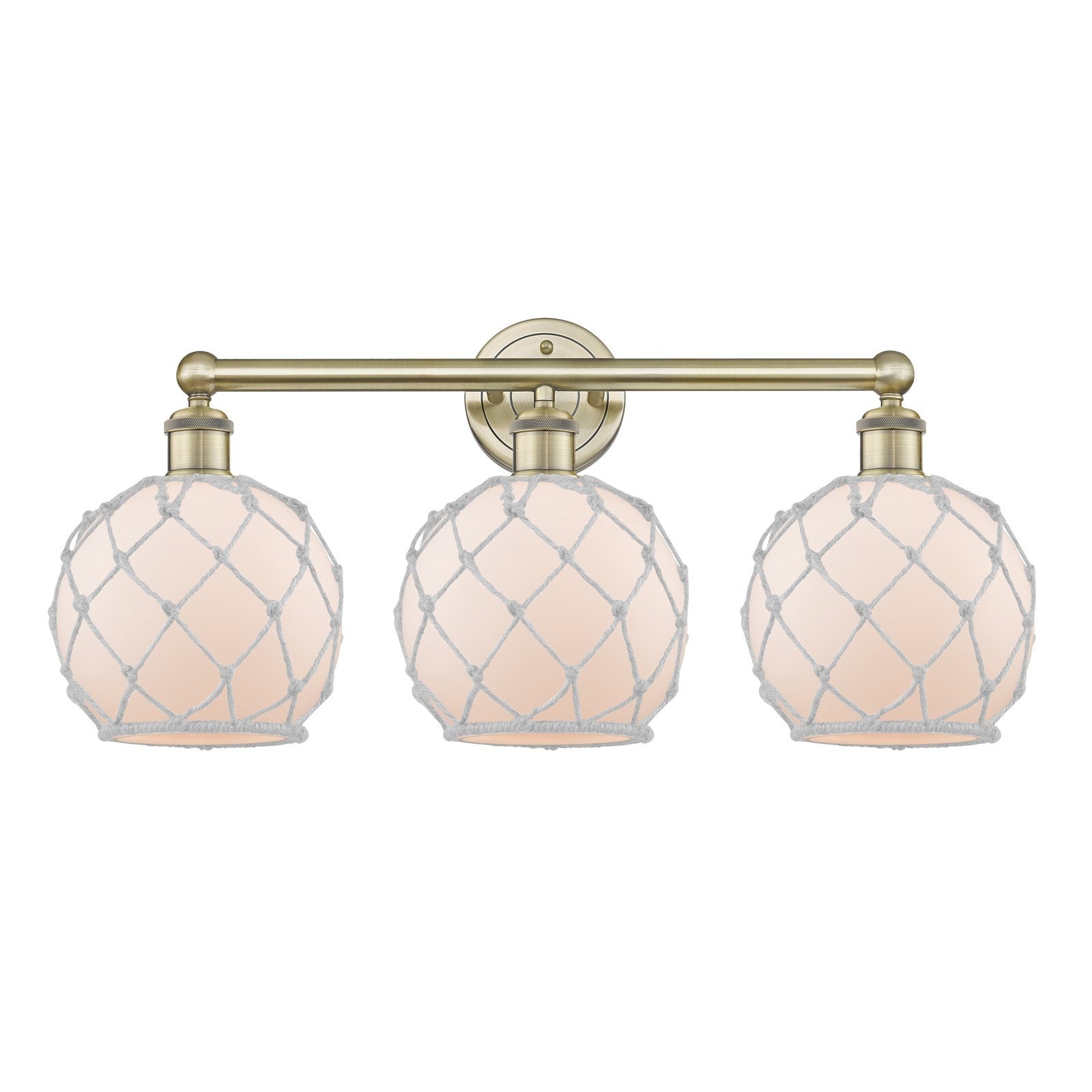 Innovations Farmhouse Rope 26in 3-Light Bath Vanity | Industrial Antique Brass Steel and White Frosted Glass with Rope | Model 616-3W-AB-G121-8RW