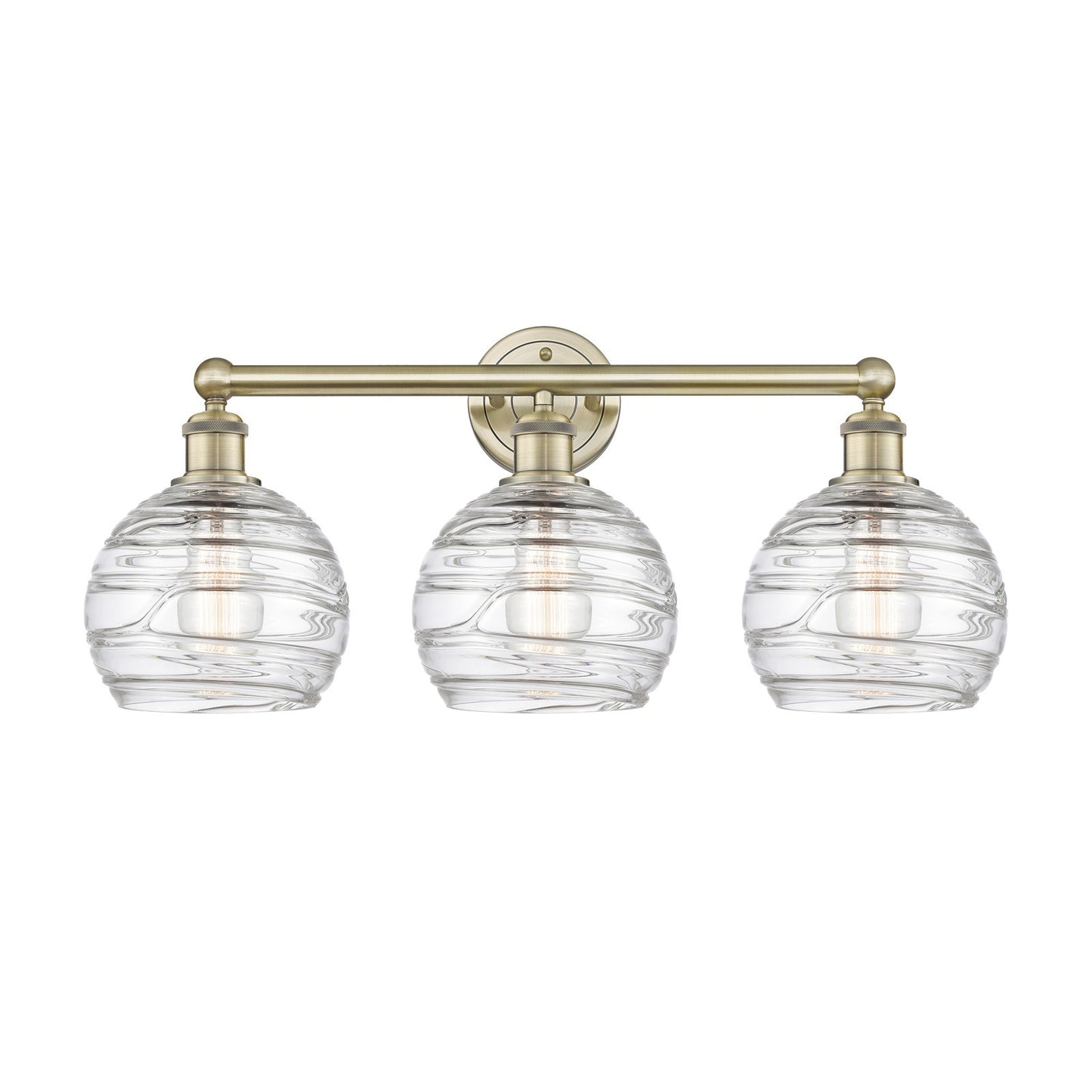 Innovations Athens Deco Swirl 26in 3-Light Bath Vanity Light | Industrial Antique Brass and Clear Deco Swirl Glass | Bathroom | Model 616-3W-AB-G1213-8CL
