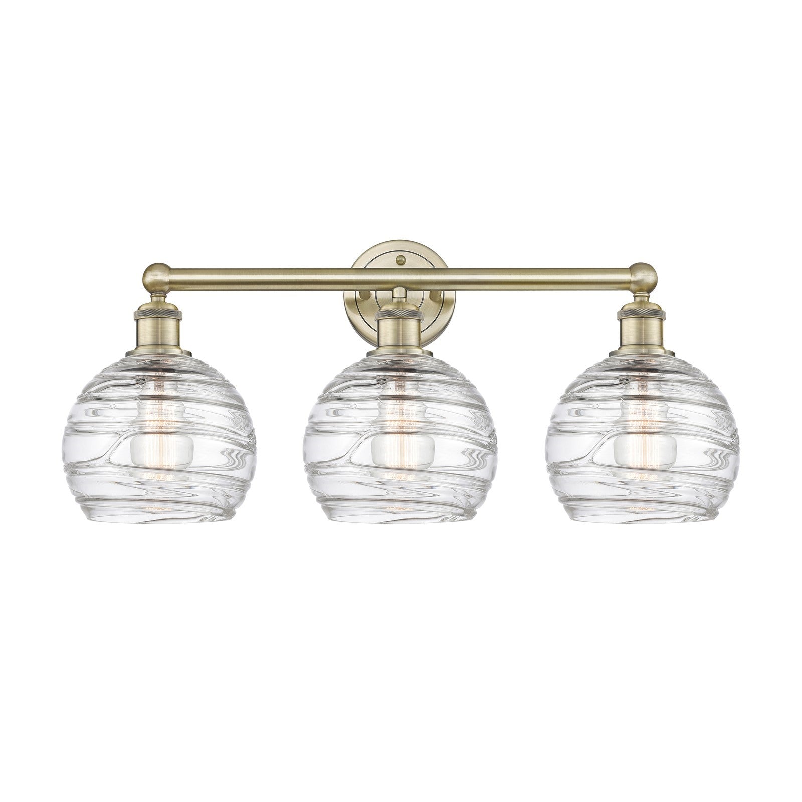 Innovations Athens Deco Swirl 26in 3-Light Bath Vanity Light | Industrial Antique Brass and Clear Deco Swirl Glass | Bathroom | Model 616-3W-AB-G1213-8CL