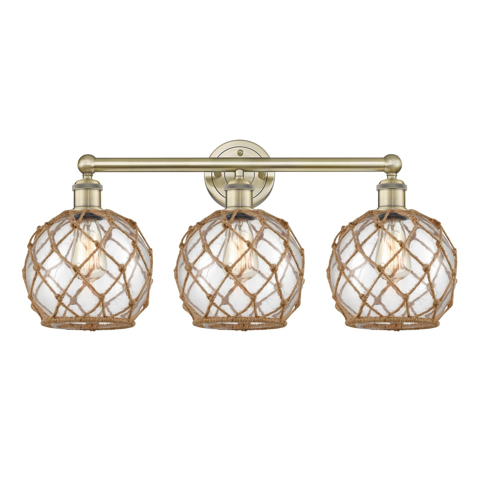 Innovations Farmhouse Rope 26in 3-Light Bath Vanity | Industrial Antique Brass Steel and Clear Glass with Brown Rope | Bathroom | Model 616-3W-AB-G122-8RB