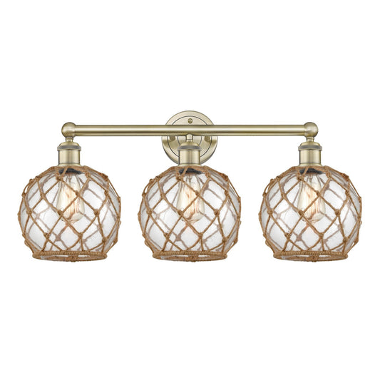 Innovations Farmhouse Rope 26in 3-Light Bath Vanity | Industrial Antique Brass Steel and Clear Glass with Brown Rope | Bathroom | Model 616-3W-AB-G122-8RB