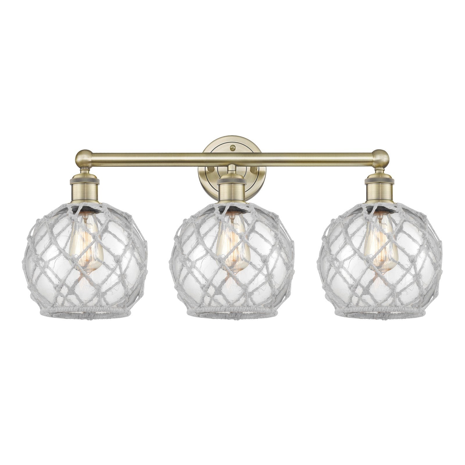 Innovations Farmhouse Rope 26in 3-Light Bath Vanity | Industrial Antique Brass Steel and Clear Glass with White Rope | Bathroom | Model 616-3W-AB-G122-8RW