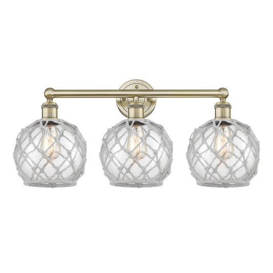 Innovations Farmhouse Rope 26in 3-Light Bath Vanity | Industrial Antique Brass Steel and Clear Glass with White Rope | Bathroom | Model 616-3W-AB-G122-8RW