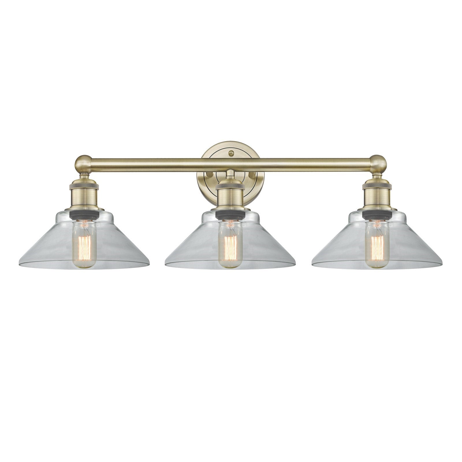 Innovations Orwell 26in 3-Light Bath Vanity Light | Industrial Antique Brass Steel and Clear Cone Glass | Bathroom Vanity | 26.38 x | Model 616-3W-AB-G132