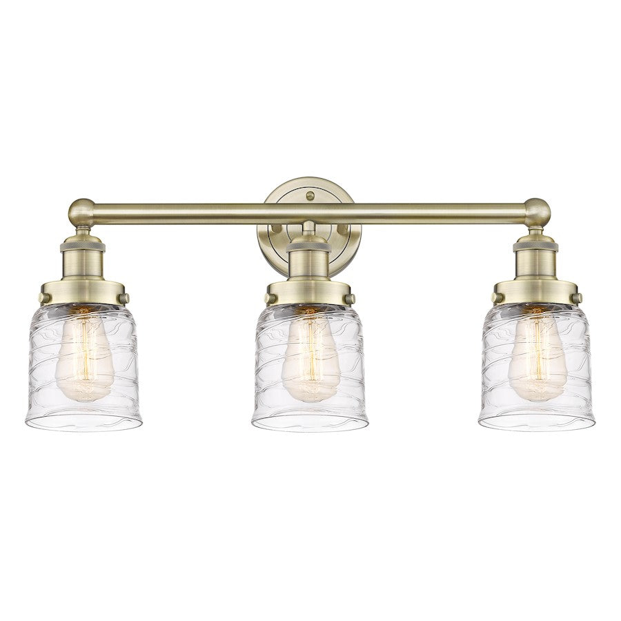 Innovations Edison Small Bell 25in 3-Light Bath Vanity Light | Art Nouveau Antique Brass Steel and Clear Deco Swirl Glass | Model 616-3W-AB-G513