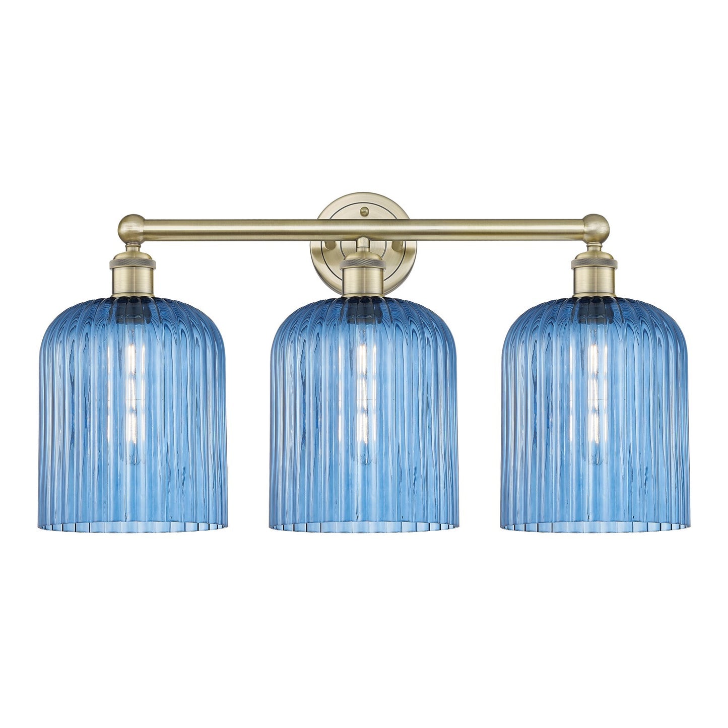 Innovations Bridal Veil 23in 3-Light Bath Vanity | Art Nouveau Antique Brass Steel and Princess Blue Ribbed Glass | Bathroom | Model 616-3W-AB-G559-8BL