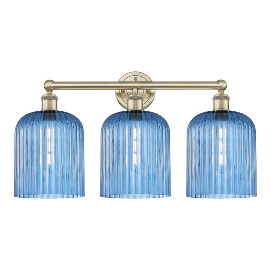 Innovations Bridal Veil 23in 3-Light Bath Vanity | Art Nouveau Antique Brass Steel and Princess Blue Ribbed Glass | Bathroom | Model 616-3W-AB-G559-8BL