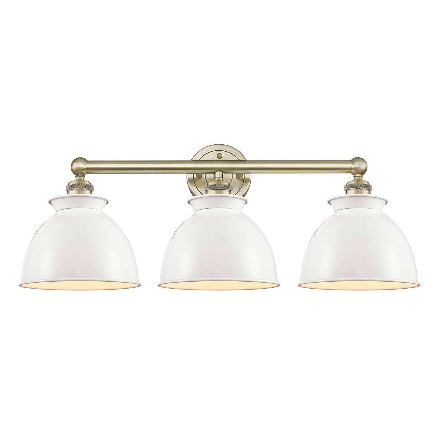 Innovations Adirondack 26in 3-Light Bath Vanity | Industrial Farmhouse Antique Brass and Glossy White Metal Shade | Damp-Rated | Model 616-3W-AB-M14-W