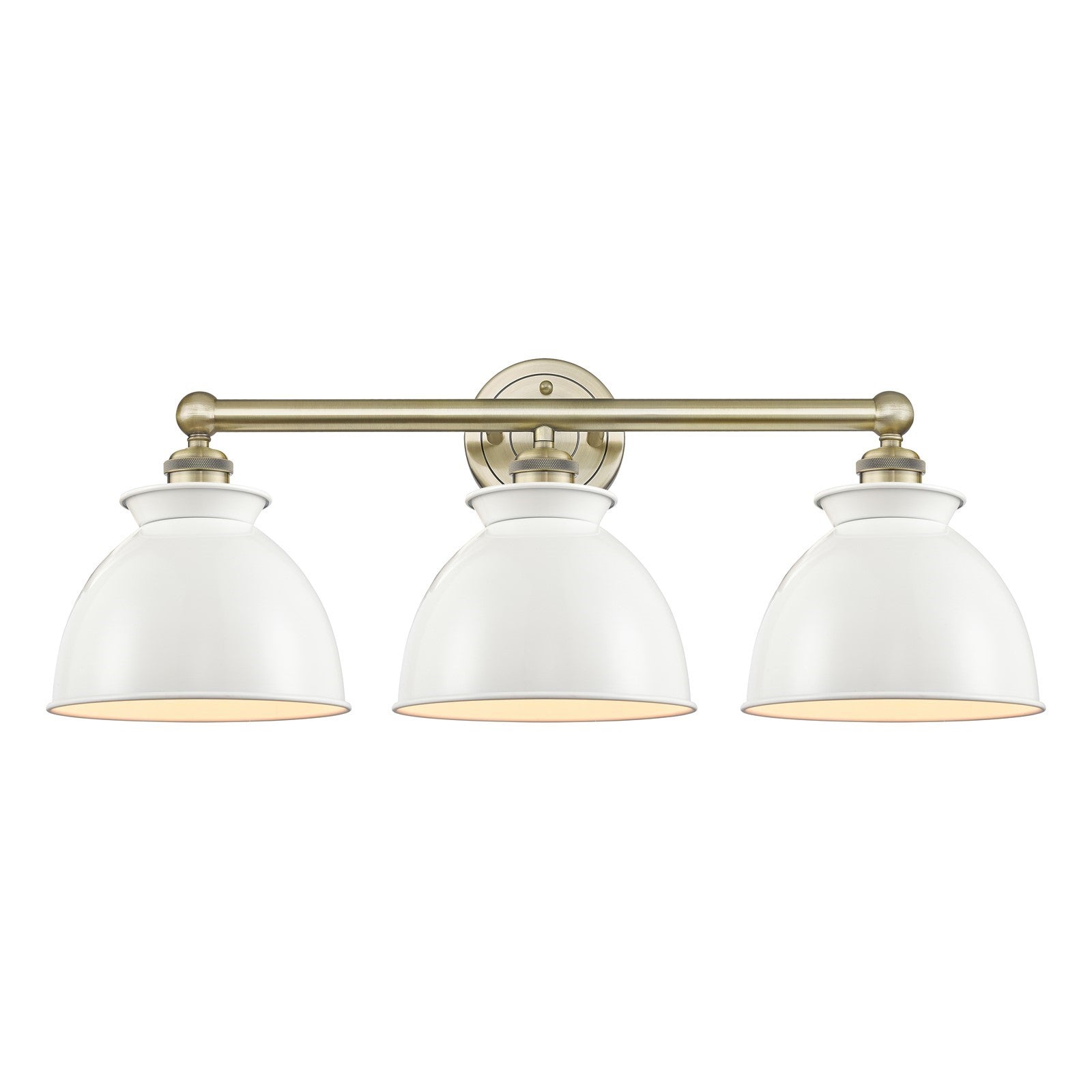 Innovations Adirondack 26in 3-Light Bath Vanity | Industrial Farmhouse Antique Brass and Glossy White Metal Shade | Damp-Rated | Model 616-3W-AB-M14-W