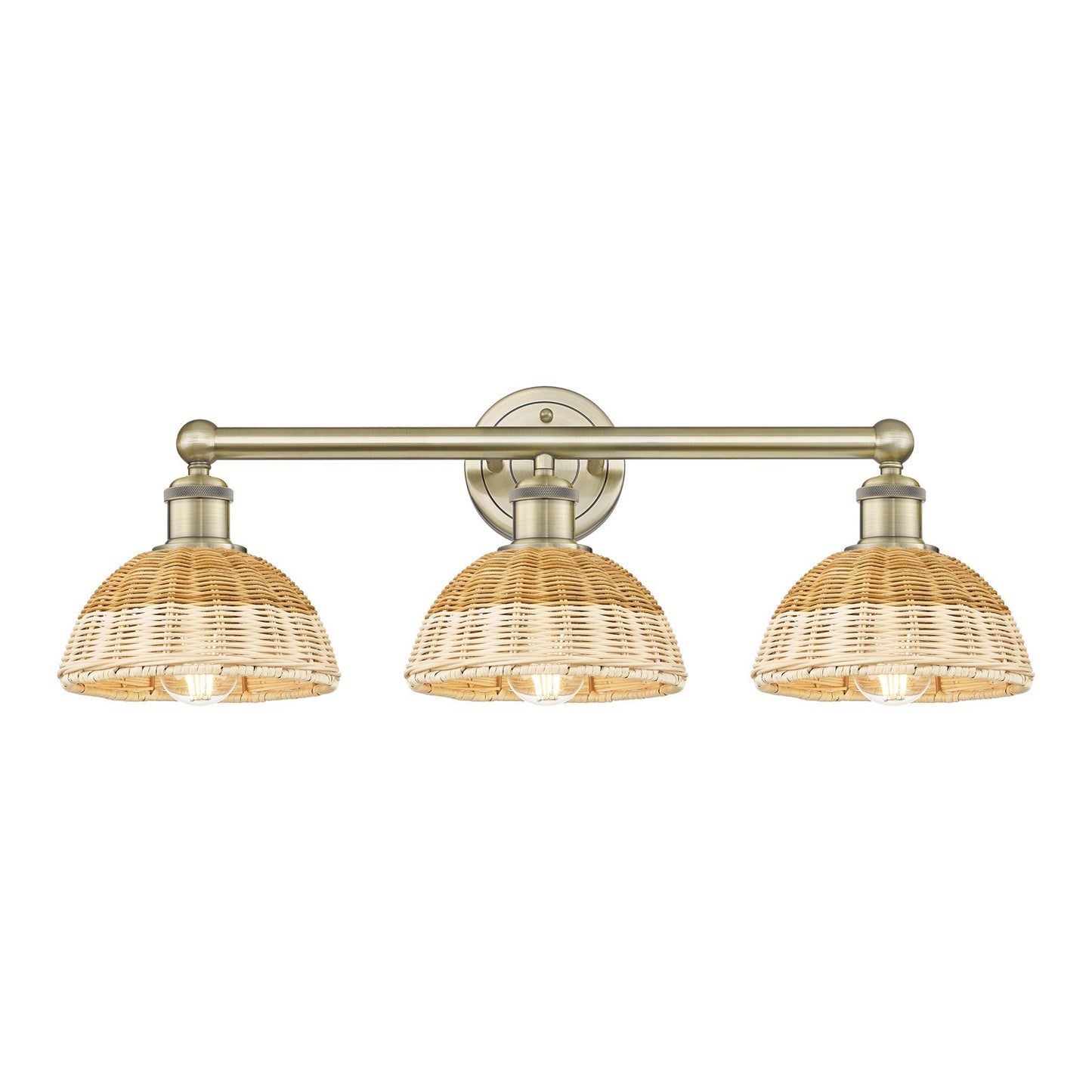 Innovations Bristol Natural II 26in 3-Light Bath Vanity Light | Industrial Antique Brass Steel and Natural Fiber Dome Shade | Model 616-3W-AB-NBD2-75-NAT