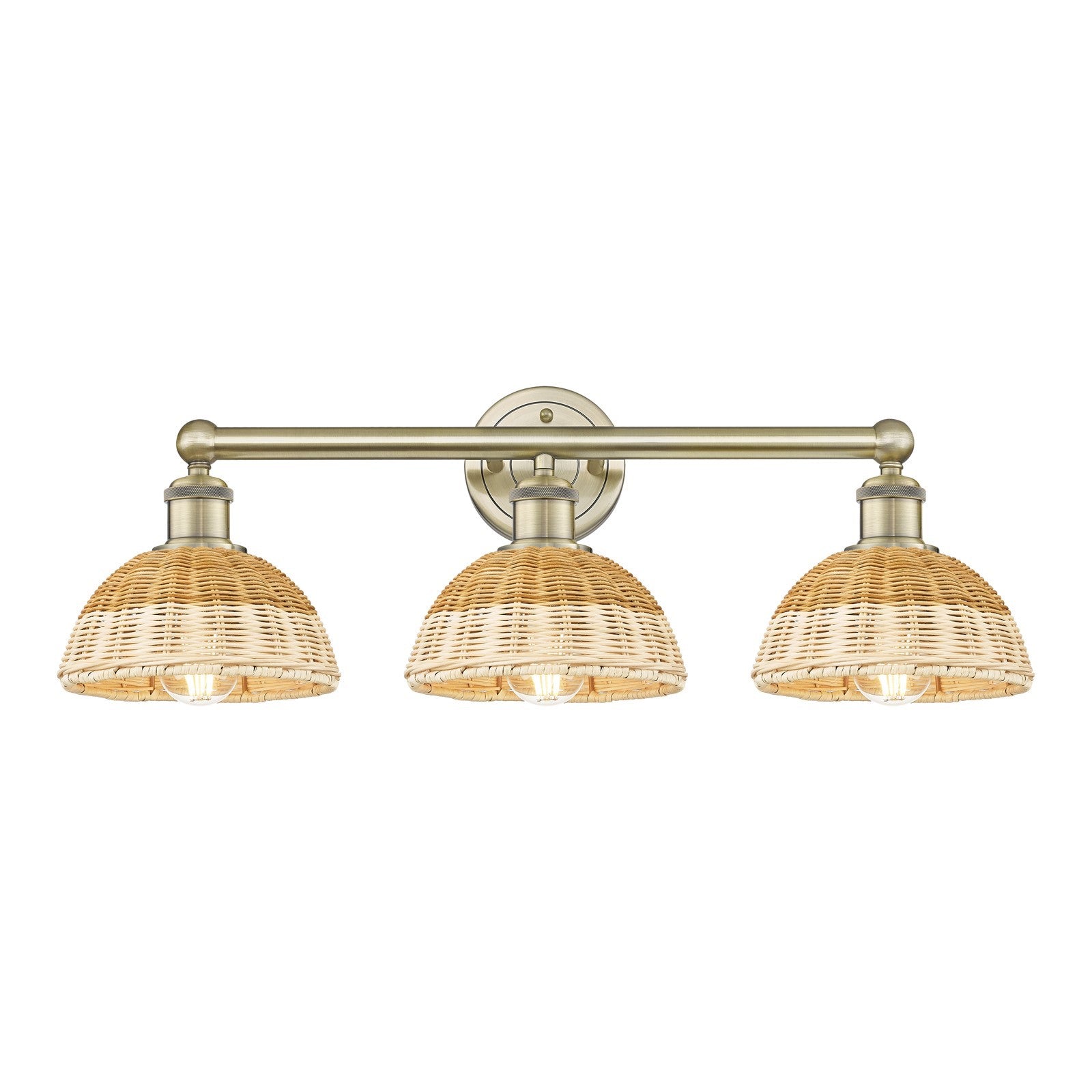 Innovations Bristol Natural II 26in 3-Light Bath Vanity Light | Industrial Antique Brass Steel and Natural Fiber Dome Shade | Model 616-3W-AB-NBD2-75-NAT