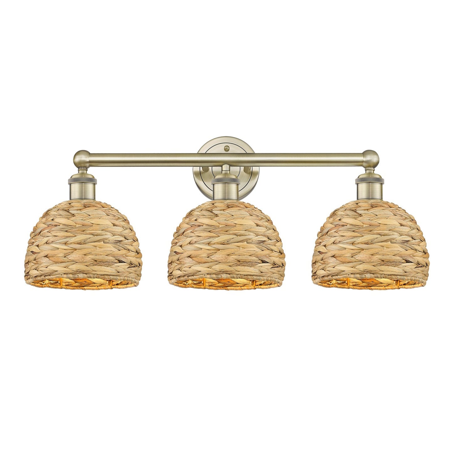 Innovations Woven Rattan 26in 3-Light Bath Vanity Light | Industrial Antique Brass and Natural Fiber Dome Shade | Bathroom | Model 616-3W-AB-RBD-8-NAT