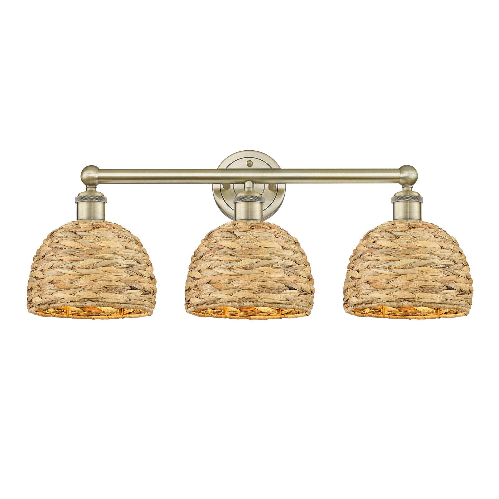 Innovations Woven Rattan 26in 3-Light Bath Vanity Light | Industrial Antique Brass and Natural Fiber Dome Shade | Bathroom | Model 616-3W-AB-RBD-8-NAT