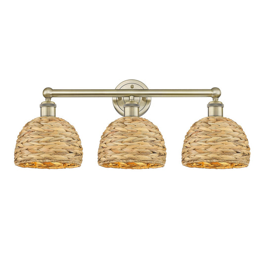 Innovations Woven Rattan 26in 3-Light Bath Vanity Light | Industrial Antique Brass and Natural Fiber Dome Shade | Bathroom | Model 616-3W-AB-RBD-8-NAT